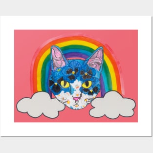 Floral Kitty face with rainbow Posters and Art